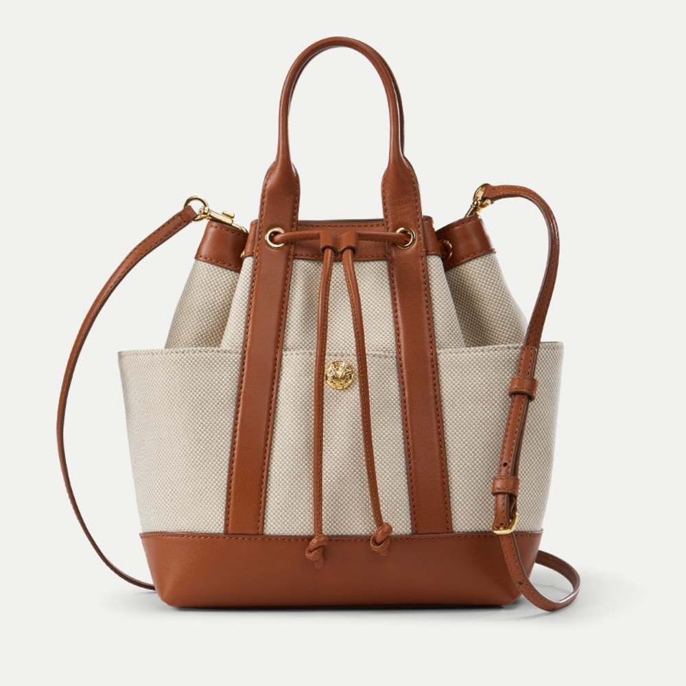 Veronica Beard Goody Bag - Beige and Brown Canvas Leather Drawstring Tote